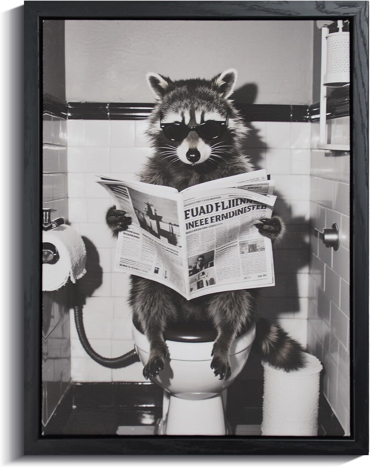 Funny Raccoon Bathroom Wall Art - Framed Black and White Animal Poster Decor with Toilet Paper, Cute Cartoon Canvas Print for Restroom,Powder Room,Bathroom Pictures,Modern Wall 10x8 inch Framed