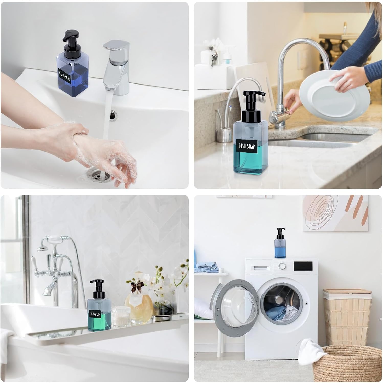 Segbeauty Empty Foam Soap Dispenser Pump Bottles 15.2oz 2pcs, Refillable Foaming Hand Soap Dispenser, 450ml Gray Foam Bottle with Waterproof Stickers, Plastic Square Liquid Foaming Container BPA Free - Image 4