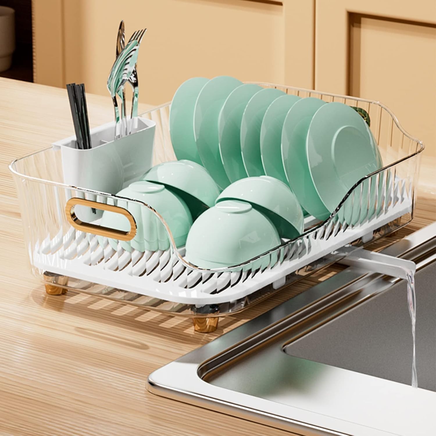 Dish Drying Rack in Sink, Dish Drainers for Kitchen Counter Dish Rack with Swivel Spout Dish with Removable Utensil Holder