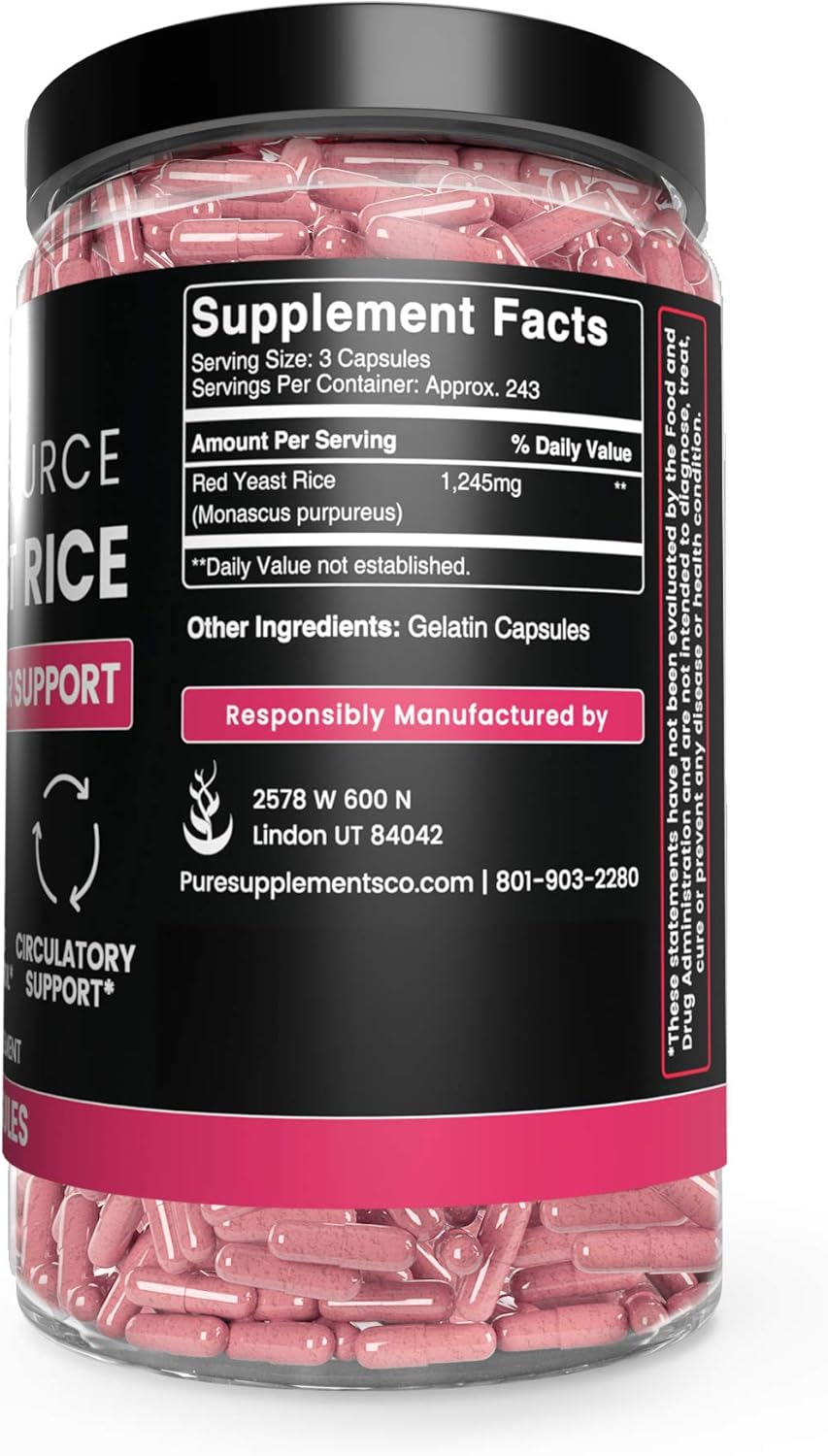 Pure Red Yeast Rice (730 Capsules) 100% Natural, Non-GMO & Gluten-Free (1245 mg Serving) : Health & Household