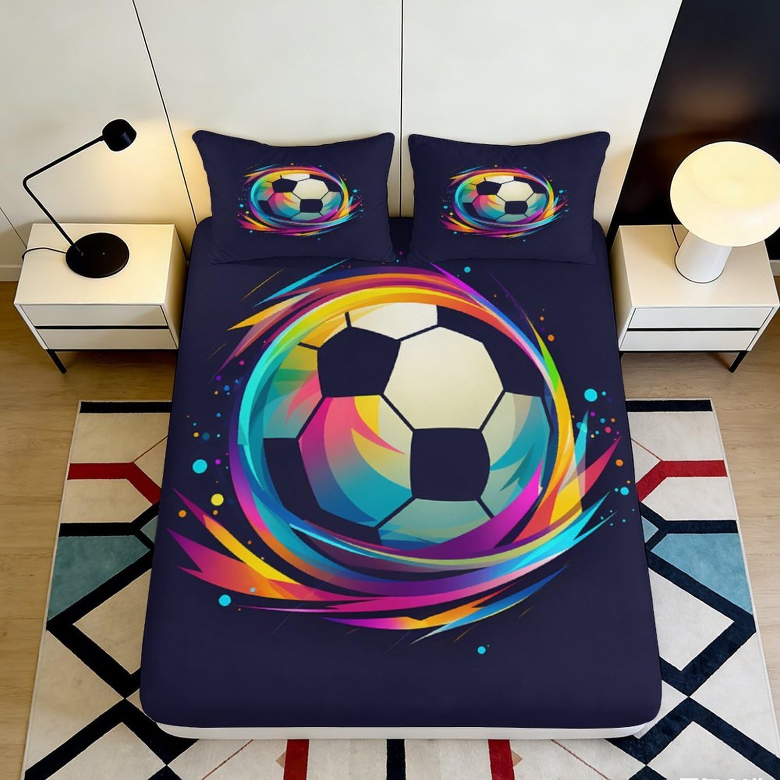 Uxinyoume Style-5 3D Printed Colorful Football Fitted Sheet Microfiber Soft Breathable Soccer Bed Cover For Bedroom Guest Room Decor 90X200x25cm
