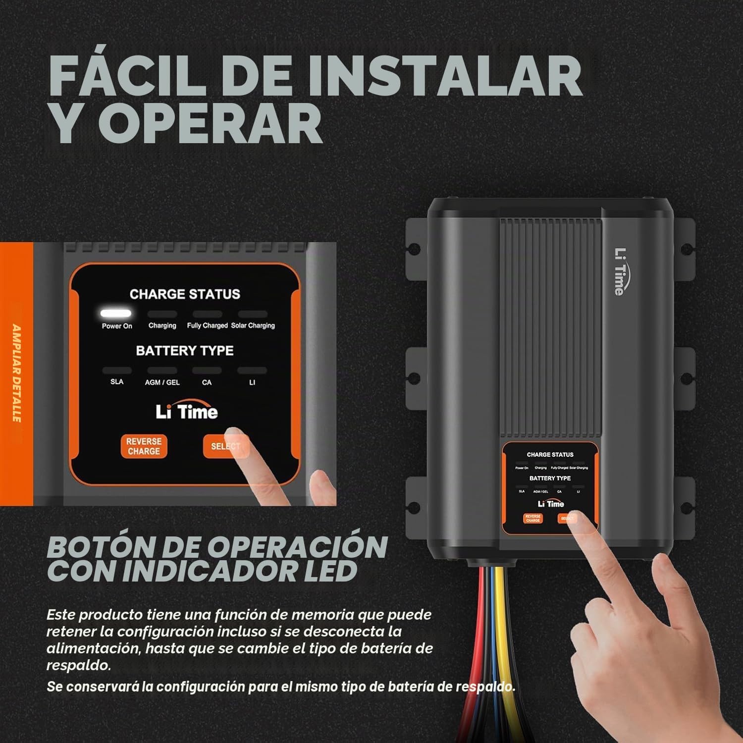 LiTime 12V 40A Cargador de Baterías de CC a CC para Baterías de Litio, Plomo Ácido, SLA, Gel, AGM y Calcio de 12V, Conector de Pared multipuerto Tipo C