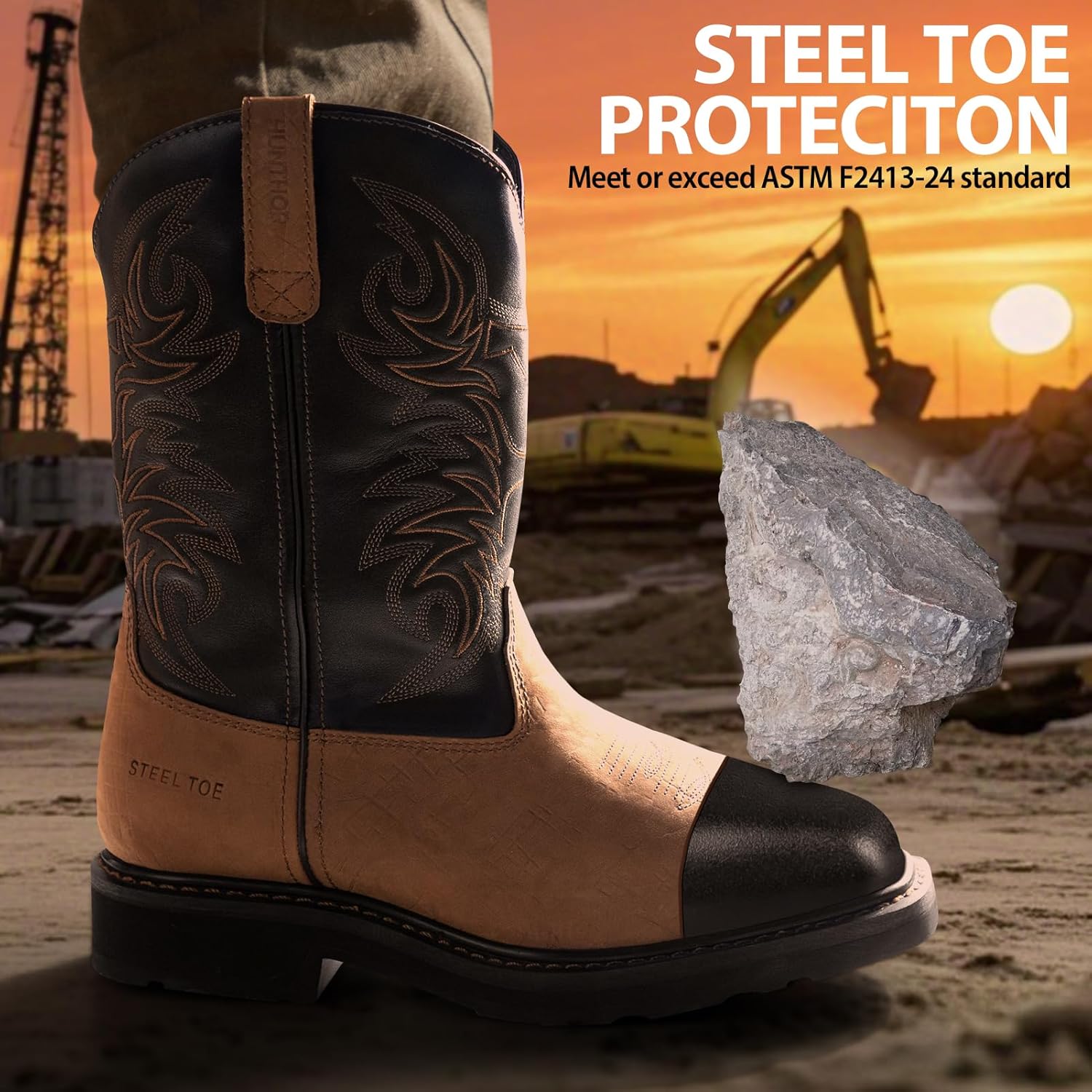 Men's Cowboy Work Boots, Square Steel Toe EVA Mid-Sole with GoodyearWelt Leather Anti Slip Western Men's Brown Boots for Manufacturing, Construction, Farming, Size 7-14 - Image 3