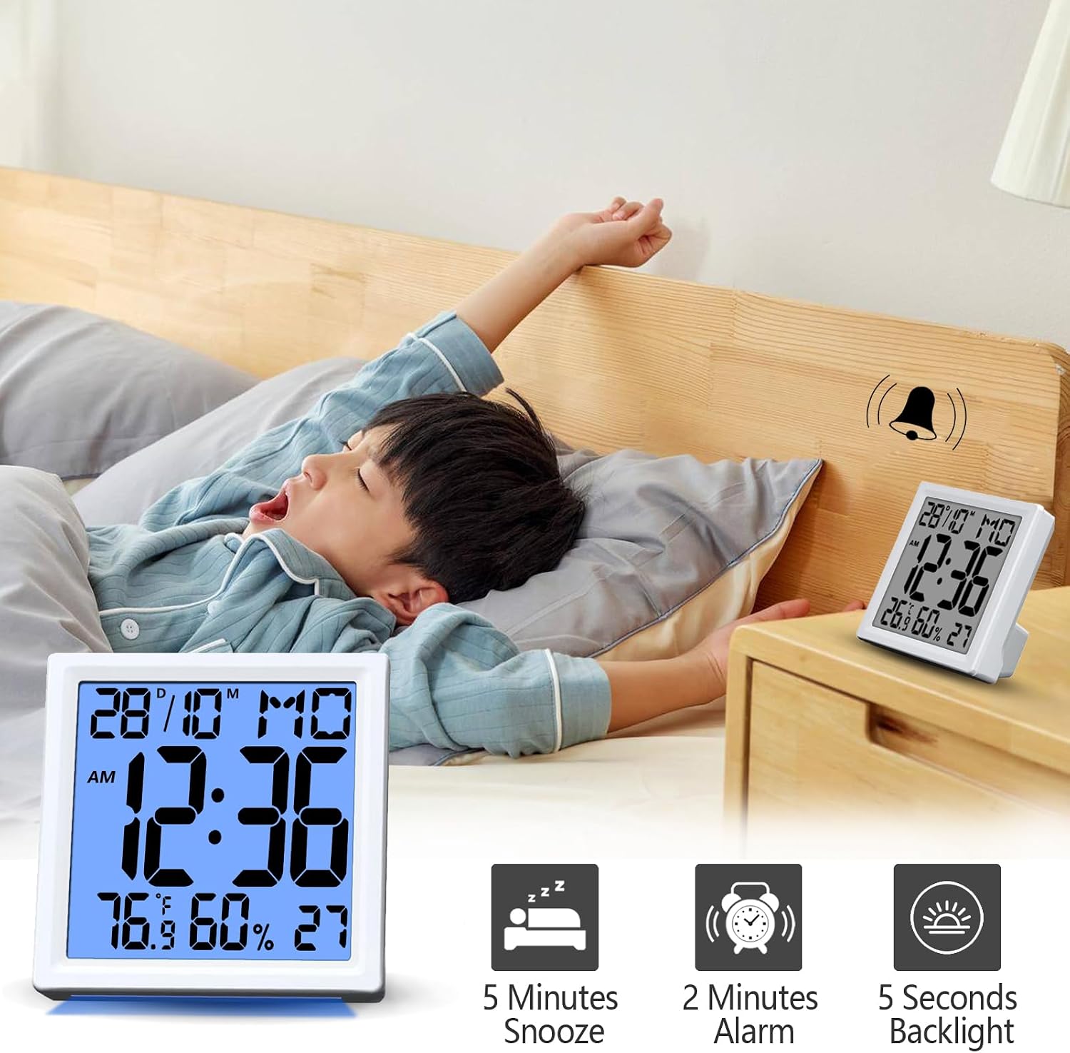 Timloon Digital Alarm Clock Mini Size for Bedside, Big Numbers Display with Backlight, Alarm, Temperature and Humidity, 12/24H, Snooze,℃/℉ Switching (Size: 3.7"x3.7")