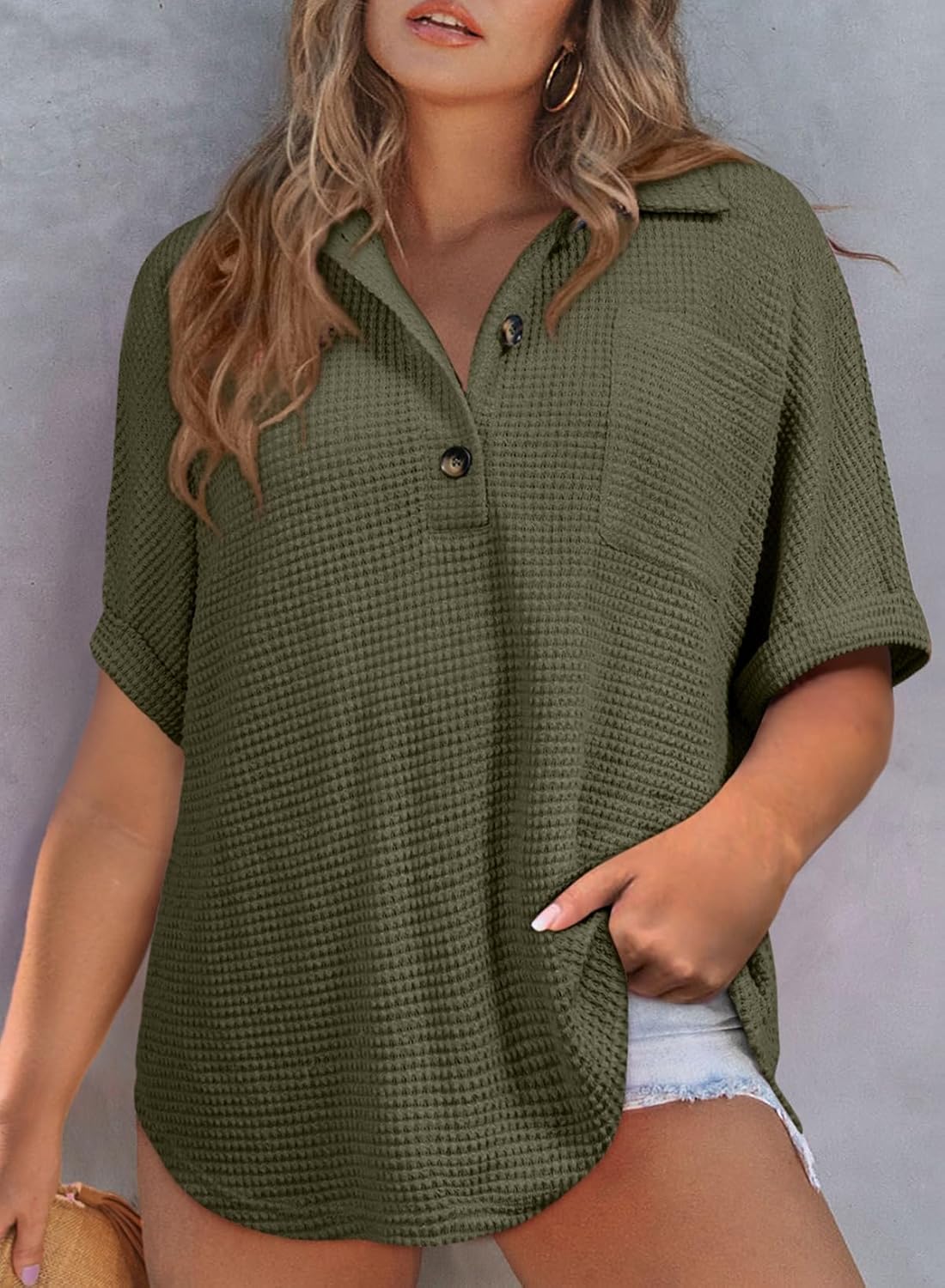 Eytino Plus Size Button Down Shirts for Women Casual Waffle Knit Tops Short Sleeve V Neck Dreesy Blouse Tunic(1X-5X) - Image 2