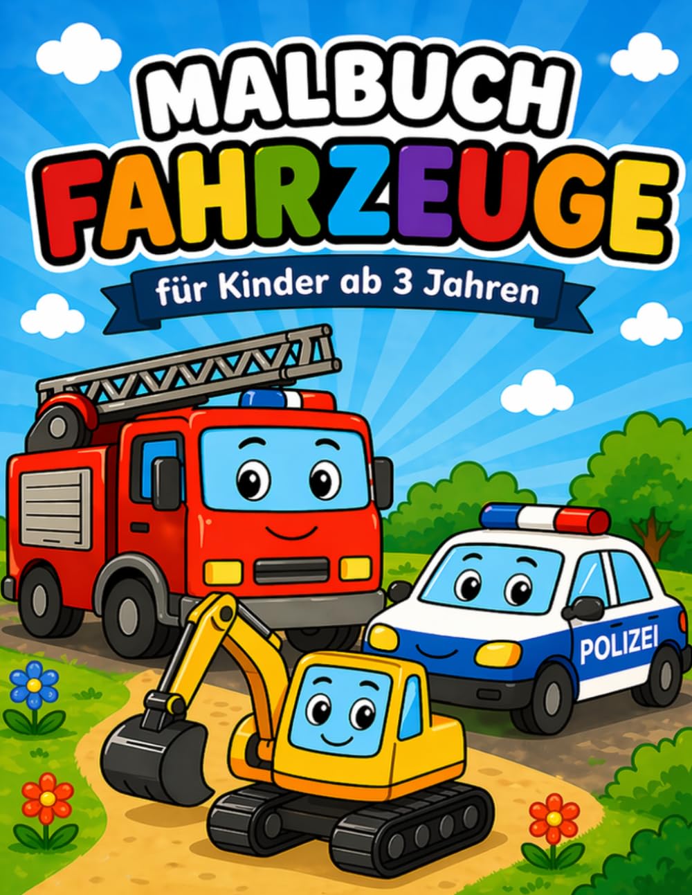 Fahrzeugemalbuch für Kinder ab 3 Jahren: Autos, Feuerwehr, Polizei und Baustellenfahrzeuge zum Ausmalen für Kleinkinder