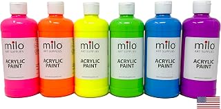 milo Fluorescent Acrylic Paint Set of 6 Colors | 16 oz Bottles | Student Neon Colors Acrylics Painting Pack | Glows UV in Black Light | Non-Toxic Art & Craft Paints for Artists, Kids, & Hobby Painters | Made in USA