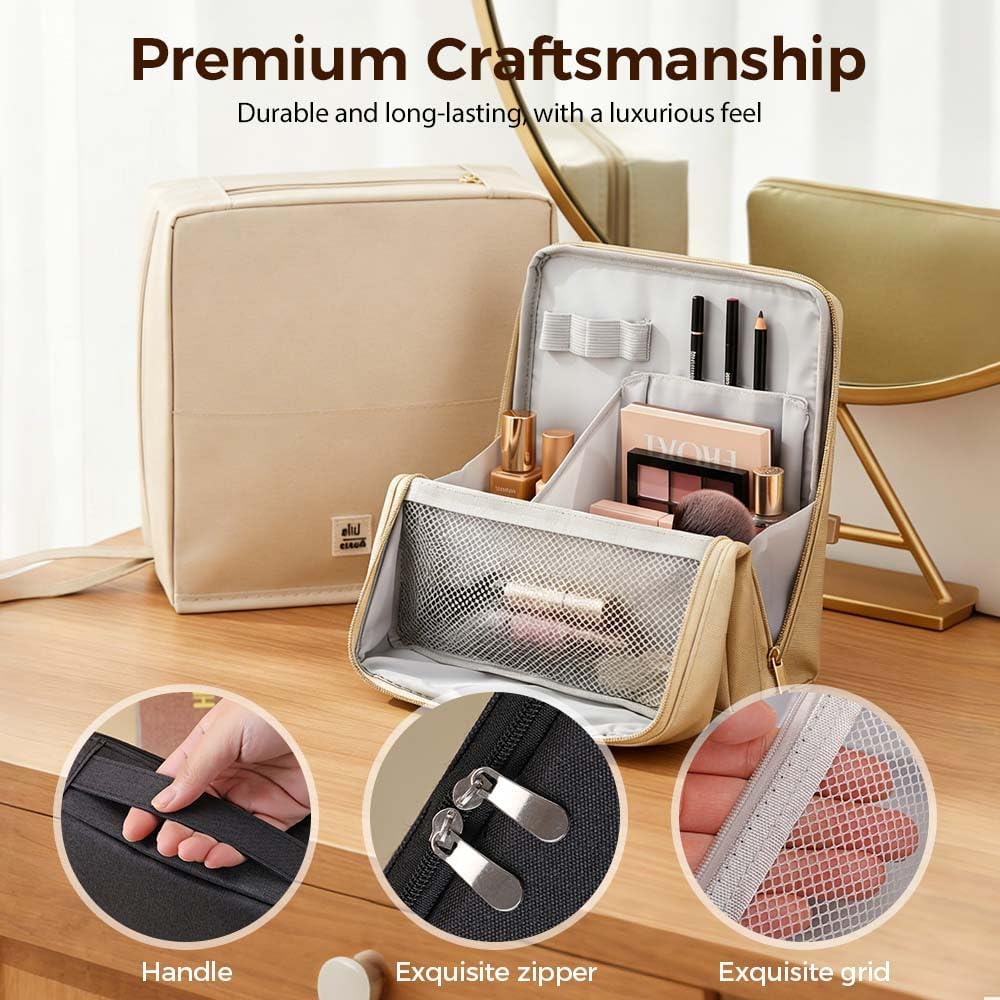 Travel Makeup Bag Organizer, Large Capacity Cosmetic Bag with Compartments, Portable Toiletry Makeup Bag for Women Girls, Pure Color Storage Bag (Blue)