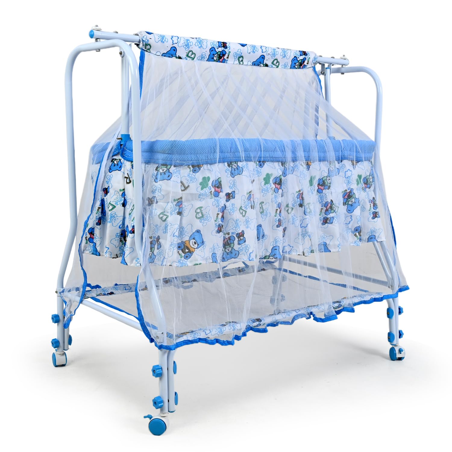 BUBBLEBABY Baby Cradle | Jhula | Baggi | Palna | Ghodiyu | Ventilated | with Swing & Mosquito Net | 0-12 Months | Four Wheels with Brake | Storage | Polypropylene | Safe & Sturdy | Foldable |WhiteBlue
