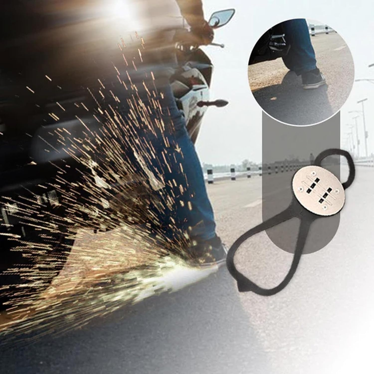Scintillante Flint Pad copriscarpe per skateboard e moto, cuscinetti per attrezzi da bicicletta, set di selce per skateboard, copriscarpe da equitazione, regolabili e scintillanti