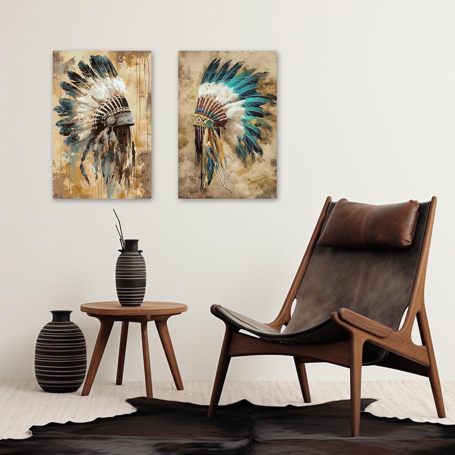 SWQYLB Native American Canvas Wall Art 2 Pieces Indian Chief Feather Headdress Picture Prints Vintage Tribal Theme Painting Southwest Artwork Indian Wall Decor Framed (Blue, 16.00" x 24.00" x 2PCS)