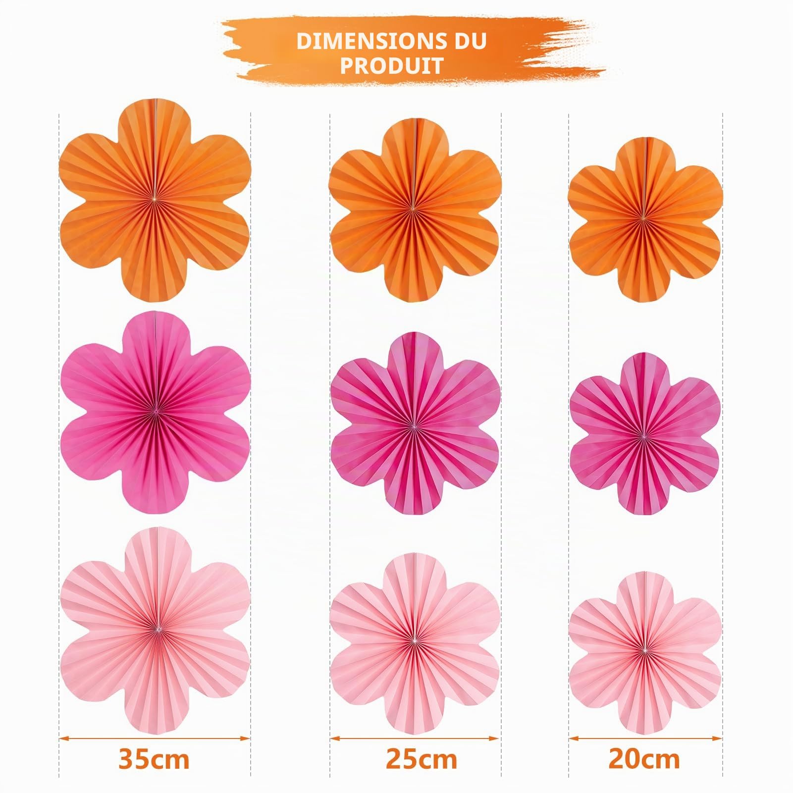 SUNBEAUTY Lot de 9 éventails en papier, guirlande de fleurs orange/rose, à suspendre, décoration de fête pour mariage, anniversaire, salle de classe, baby shower