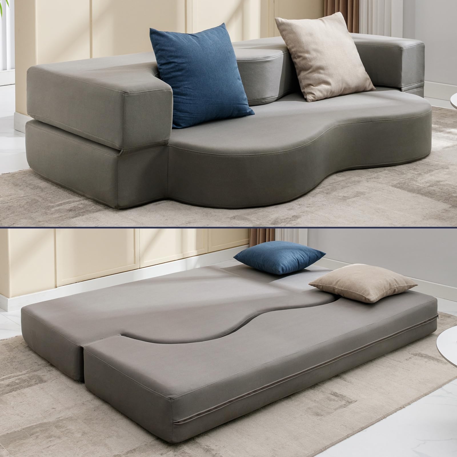 Mjkone Full Size Folding Sofa Bed, Fold Out Futon Sofa Bed, Foldable Floor Couch Bed with Memory Foam, Convertible Sleeper Couch Beds, Stylish Lazy Sofa Beds for Living Room, Guest Room, Light Gray