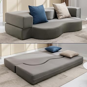 Mjkone 78" Width Queen Size Floor Sofa Bed, Fold Out Couch with Memory Foam Matress, Stylishly Upholstered Convertible Futon Sleeper Bed with Washable Cover for Living Room Guest Room, Light Gray