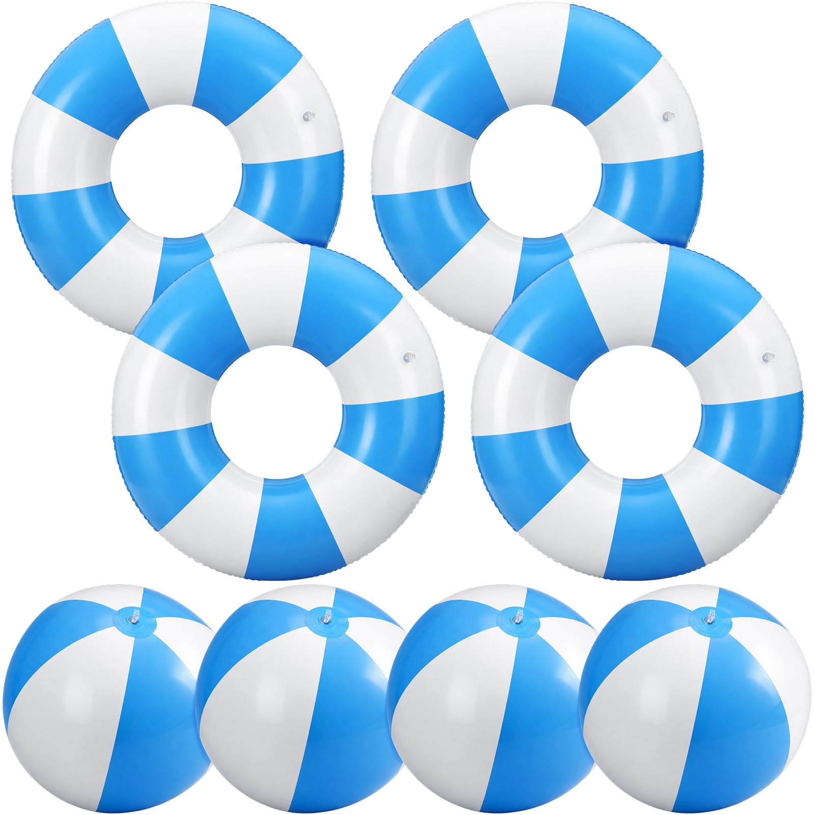 Ceenna 8-Pack Inflatable Beach Balls and Swim Rings, 16 Inch Round Pool PVC Toys with White Stripes for Summer Water Games, Beach Party Decorations