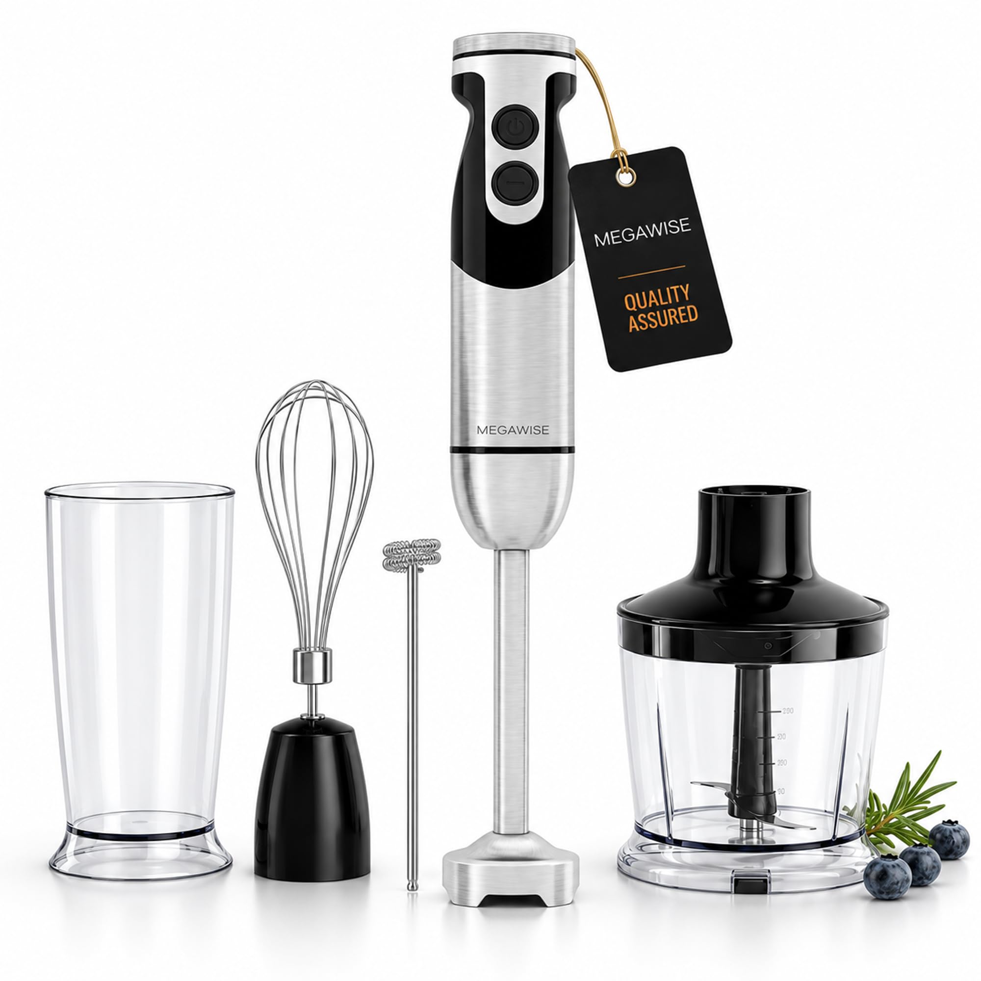 MEGAWISE Stabmixer-Set 5-in-1, 12 Stufen, Turbo-Modus und Edelstahl-Mixfuß | Pürierstab mit Spritzschutz, spülmaschinengeeignetes Zubehör, für cremige Suppen, Saucen, Babybrei, Desserts und Milchshakes