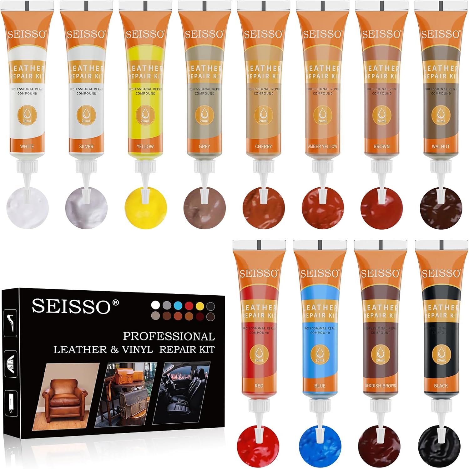 18 Colors Leather Repair Kit - for Furniture Car Seats Couches Sofa Shoes Boat, Leather Dye Filler Paint Restore Scratches Tears Holes, Purses, Jacket, Vinyl Repair Kit Bonded Leather Genuine Italian