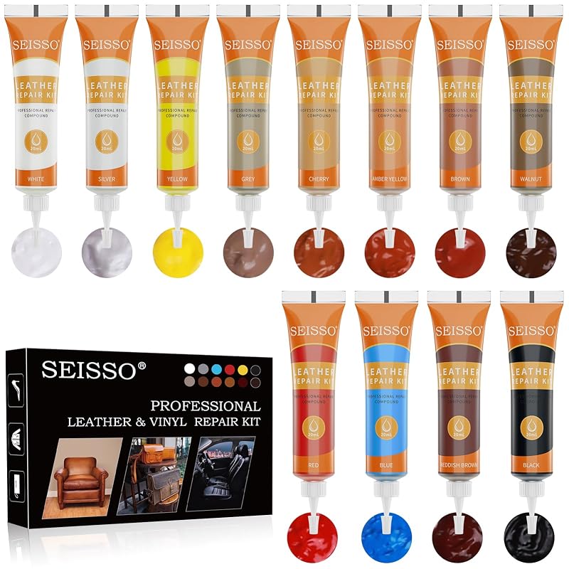 Kit de Reparo para Couro e Vinil SEISSO com 12 Cores para Bancos, Sofás, Bolsas e Calçados