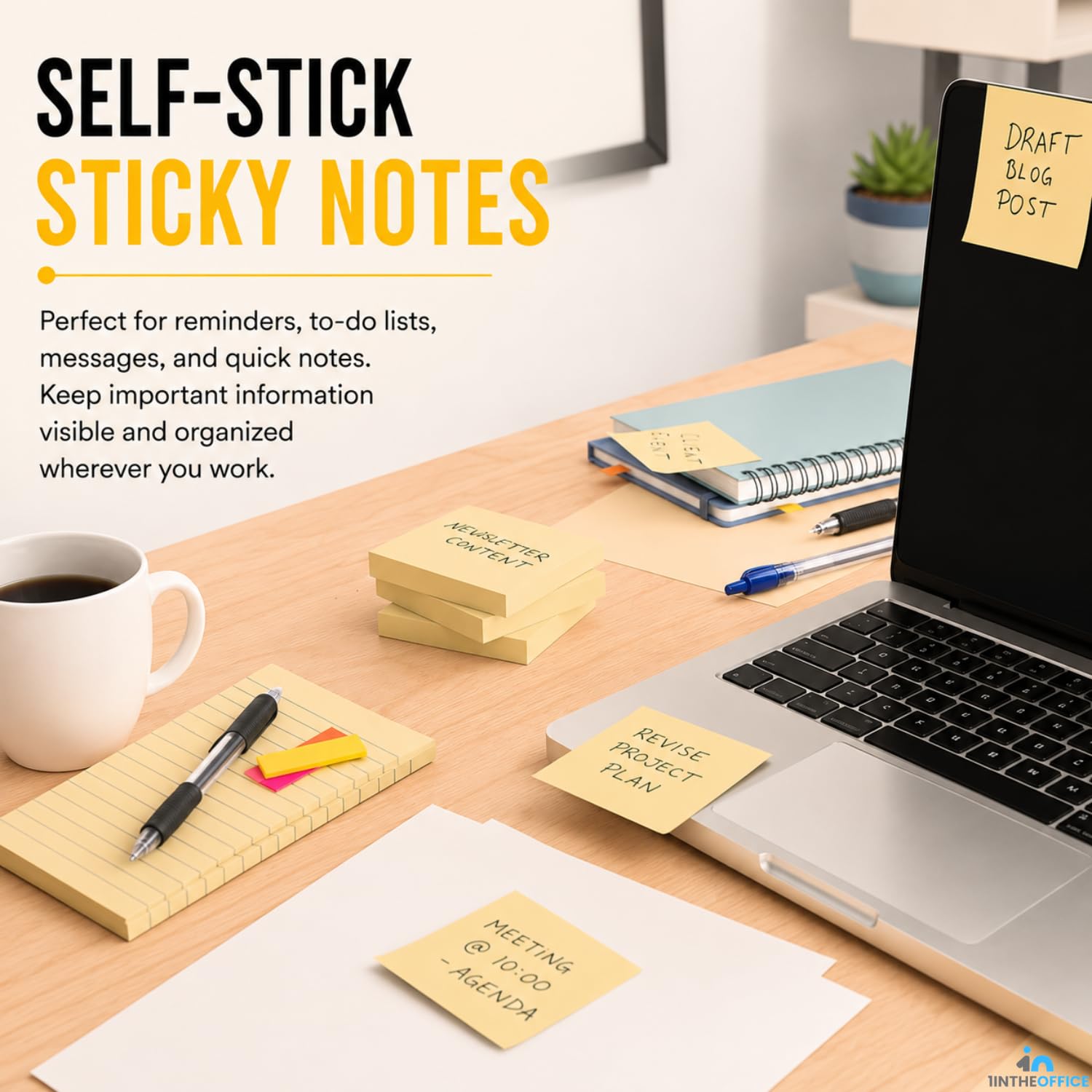 1InTheOffice Lot de 100 feuilles de notes autocollantes Jaune 7,6 x 7,6 cm 36 Pack