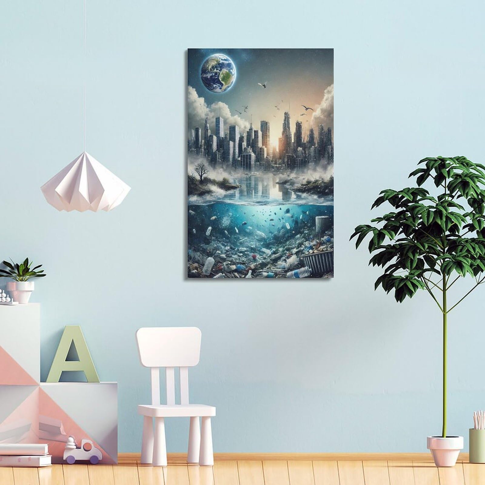 CWLLOG Leinwanddrucke, Wandkunst, Poster, Geisteswissenschaften, realistisch, urbaner Ozean, Umwelt-Illustration, modernes Wohnzimmer und Schlafzimmer, Kunstwerk, Dekoration, 60 x 90 cm