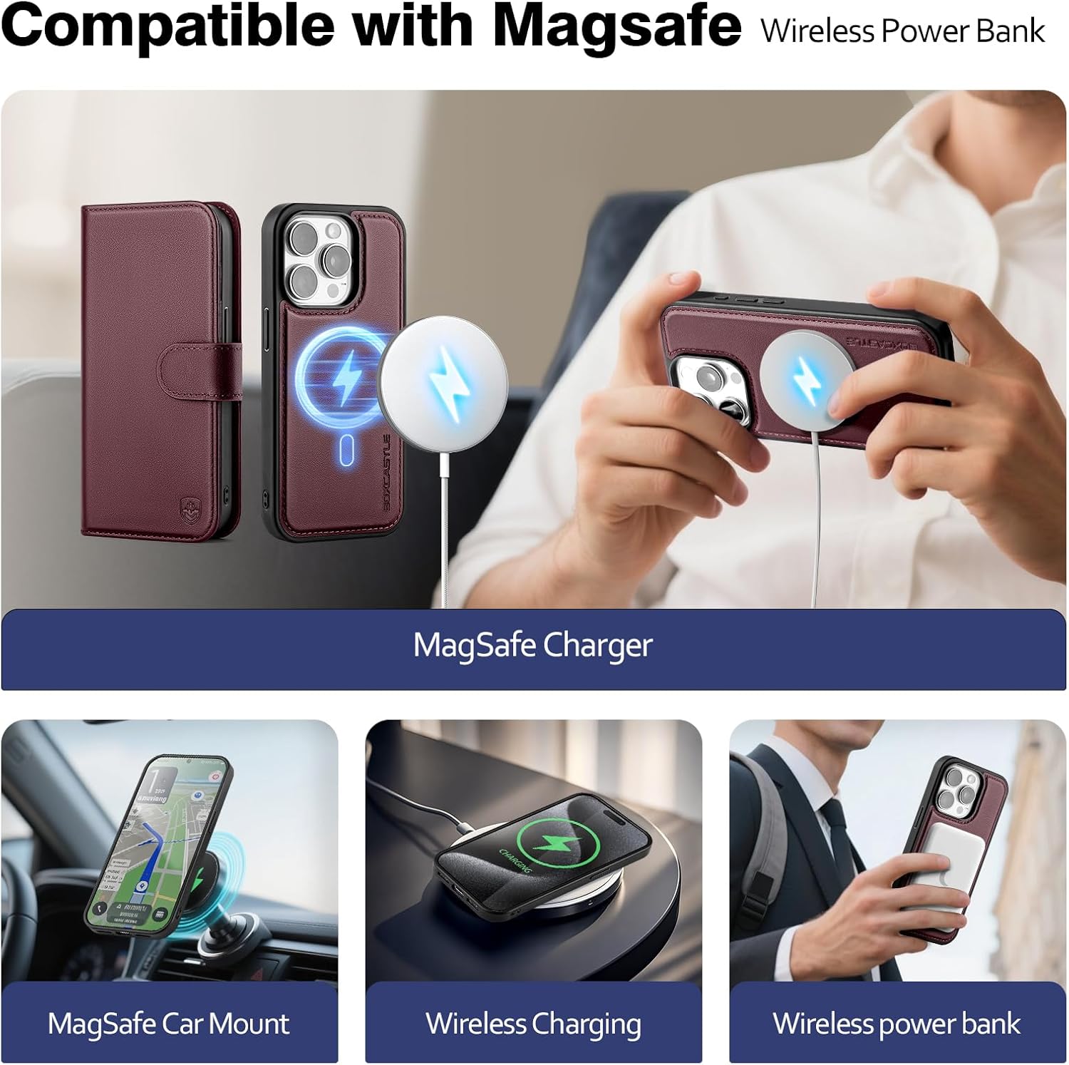 Magnetic 2 in 1 Detachable Compatible with Magsafe iPhone 15 Pro Max Genuine Wallet Case with Card Holder,Women Men Leather Flip RFID Blocking Credit Card Slots Stand Phone Cover,Wine Red