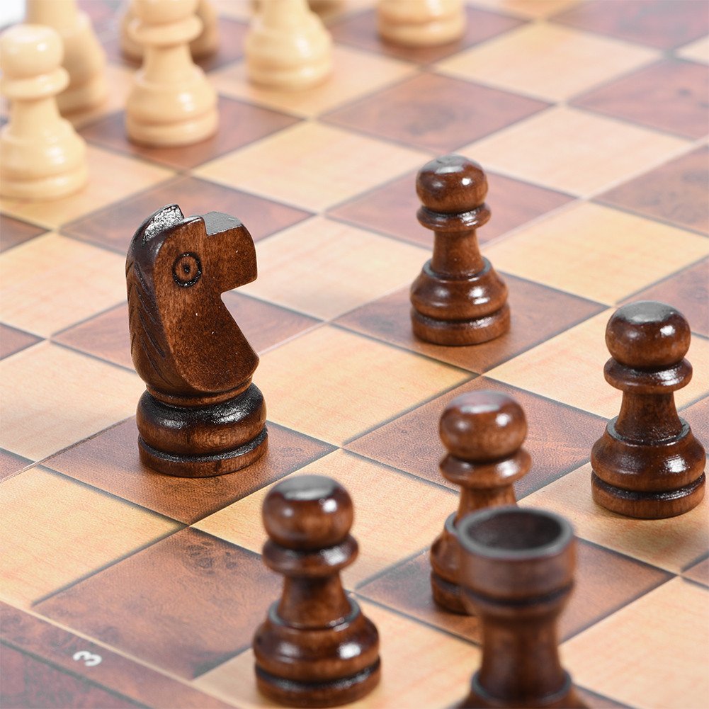 Set di Scacchi in Legno Pieghevole 3in1 Scacchiera in Legno Portatile Gioco di Scacchi Pieghevole per Feste in Famiglia(34 * 34cm)