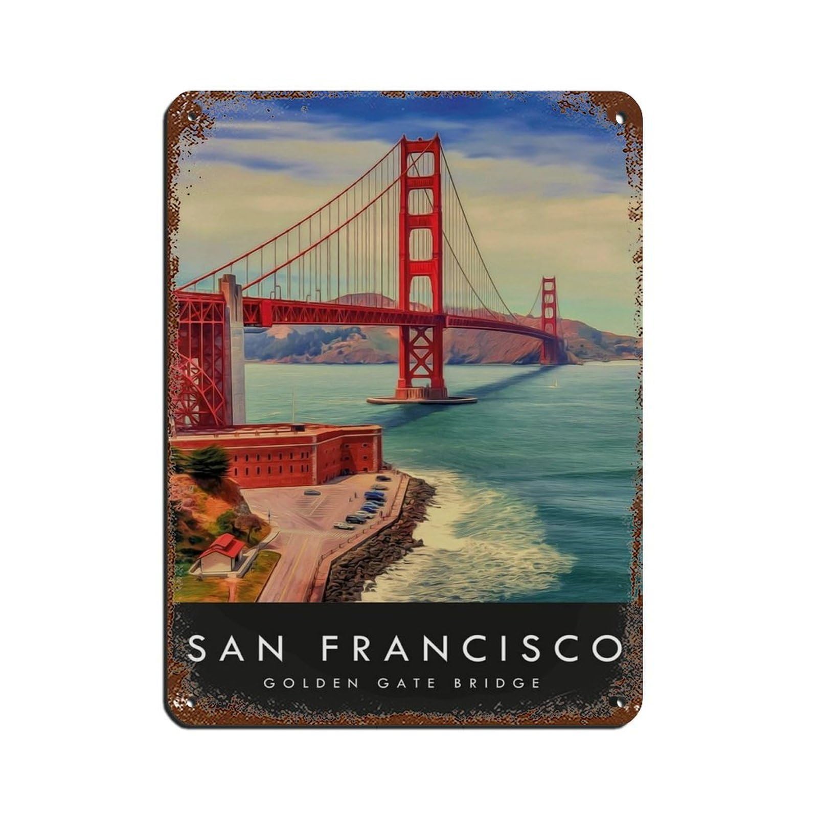 San Francisco Travel, Golden Gate Bridge Retro Poster Metal Tin Sign Chic Art Retro Iron Painting Bar People Cave Cafe Family Garage Poster Wall Decoration 12x16inch(30x40cm)