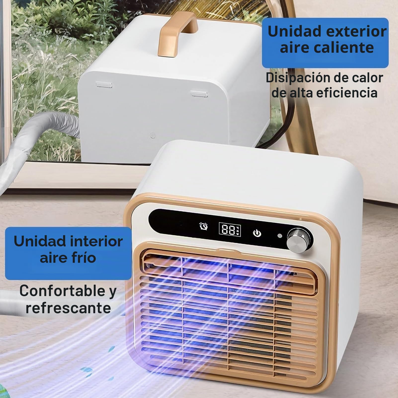 Aire Acondicionado Split Portátil con Enfriador de Aire y Tubo de Conexión de 1/1.5/2M Ajuste de Velocidad Temporizador de 12H Control Táctil/Remoto Unidad de Refrigeración Silenciosa de 1500 2M Pipe
