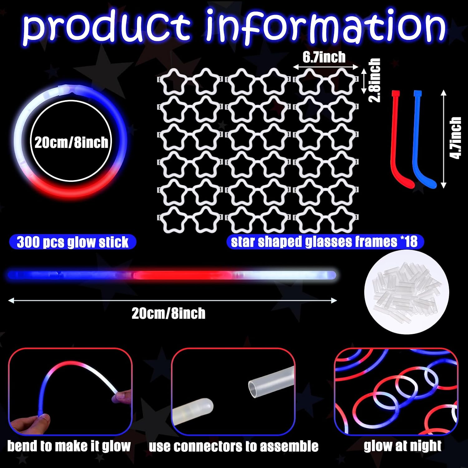 250th Anniversary 300 Pcs 4th of July Glow Sticks Bulk with Connectors 18 Pcs Red White Blue Glasses Glow in the Dark Stick Light up Bracelets Necklaces USA Patriotic Party Favors Supplies