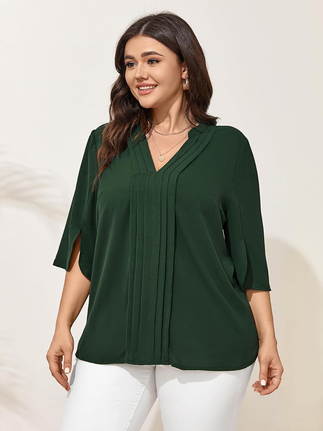 SCOMCHIC Women's Plus Size Blouses 3/4 Sleeve Dressy Tunic Tops Casual Loose V Neck Pleated Shirts - Image 5