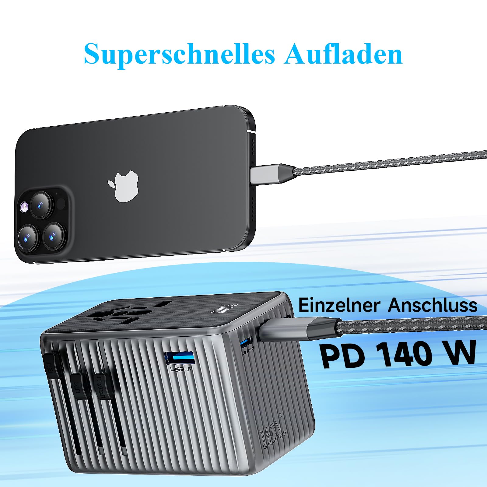Minthouz Reiseadapter Weltweit,GaN Ⅲ PD 140W Universal Reisestecker mit 3 USB C und 1 USB A，Internationaler Steckdosenadapter,Power Adapters,Universaladapter für UK USA Japan Thailand Australien