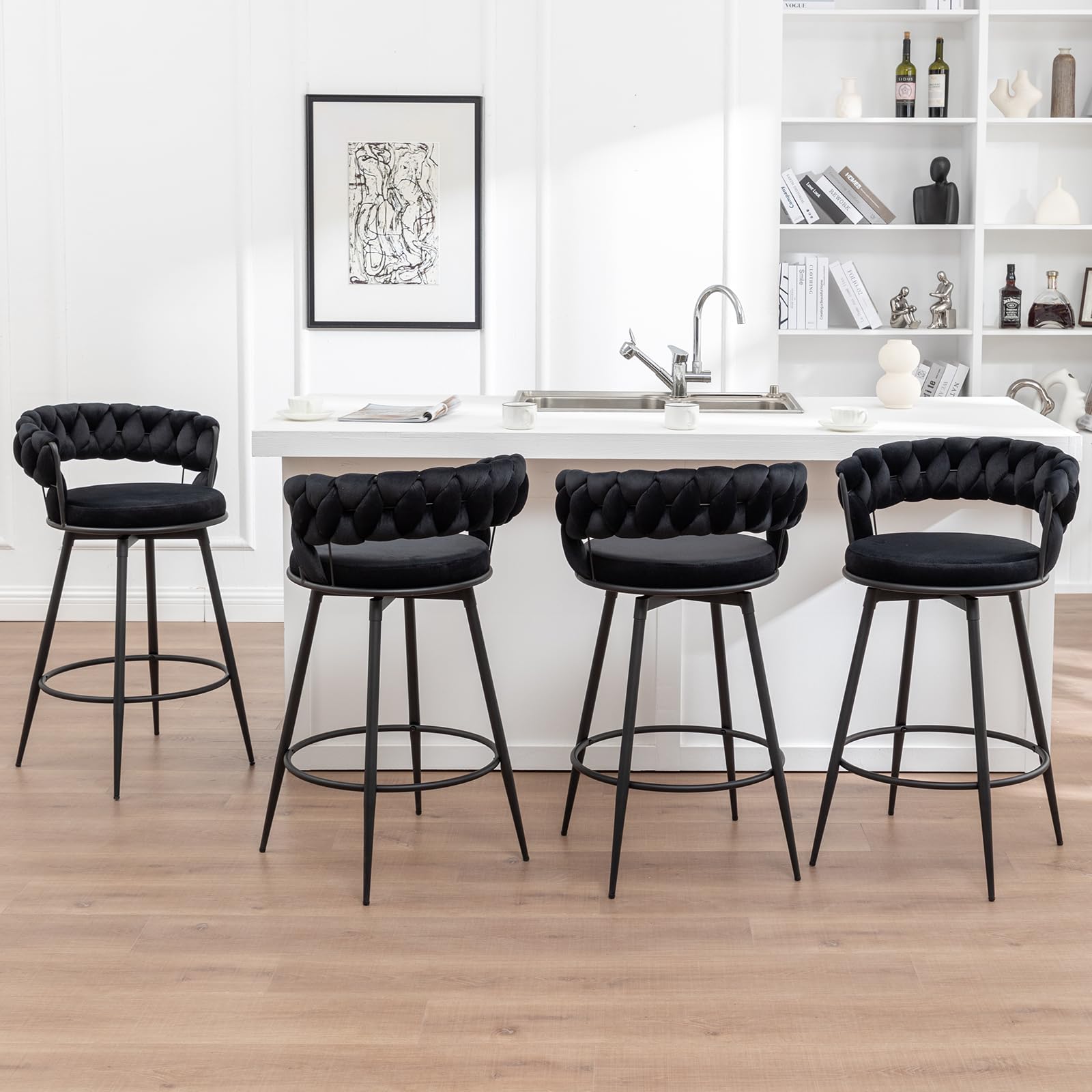 Systemkenji Swivel Bar Stools Set of 4, Modern Barstools with Woven Back, Velvet Counter Height Bar Stools for Kitchen Island, Cafe, Pub, Black