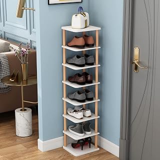 LUCKNOCK 8 Tiers Vertical Shoe Rack, Narrow Organizer, Stylish Wooden Shoe Storage Stand, Space Saving Shelf Tower, Free Standing for Entryway, No-Tool Assembly, White.
