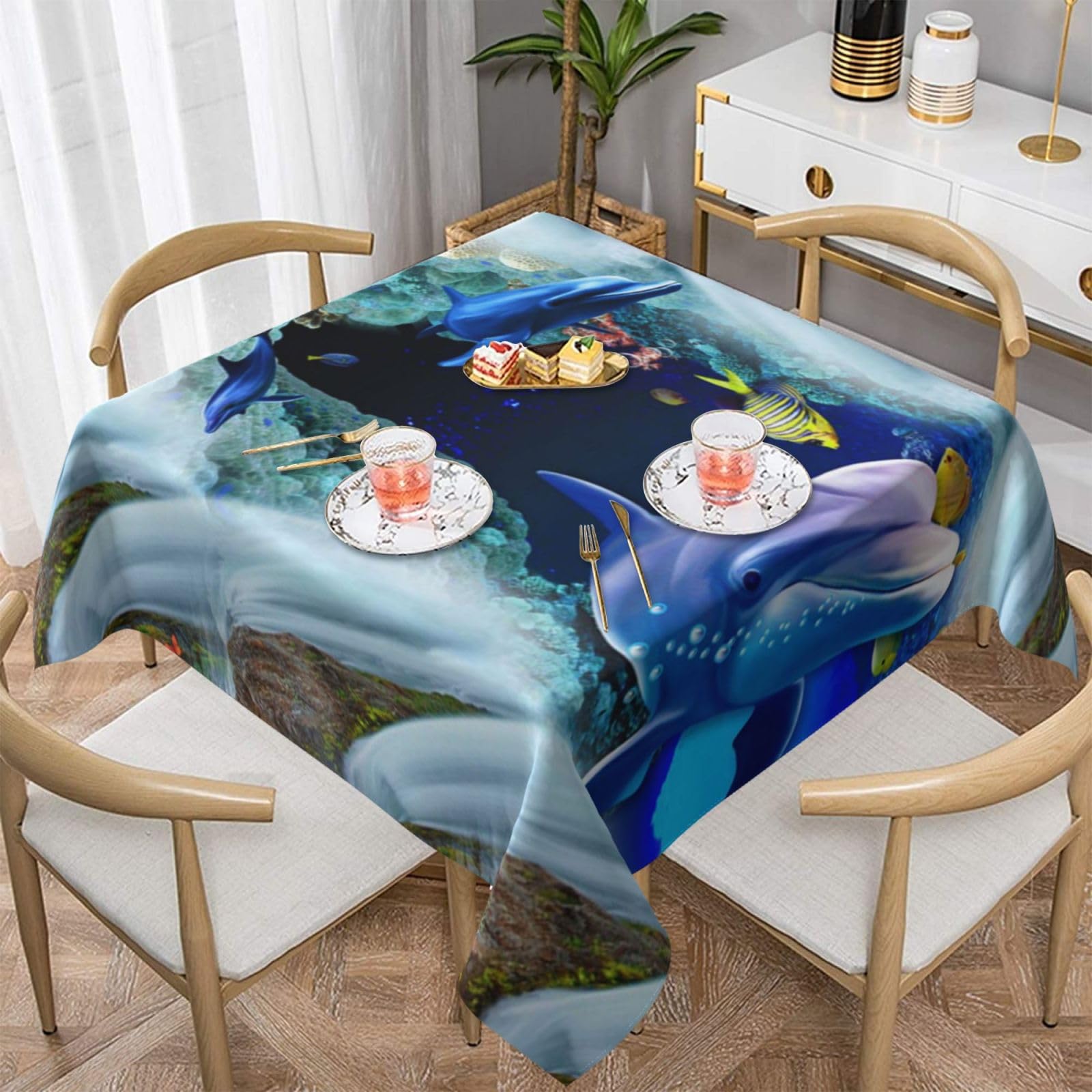 DCEHGEW Dolphin Prints Square Tablecloth 137x137 CM, Waterproof Fabric Table Cloth for Dining Table, Farmhouse Table Cover for Kitchen Dining Tabletop Decoration