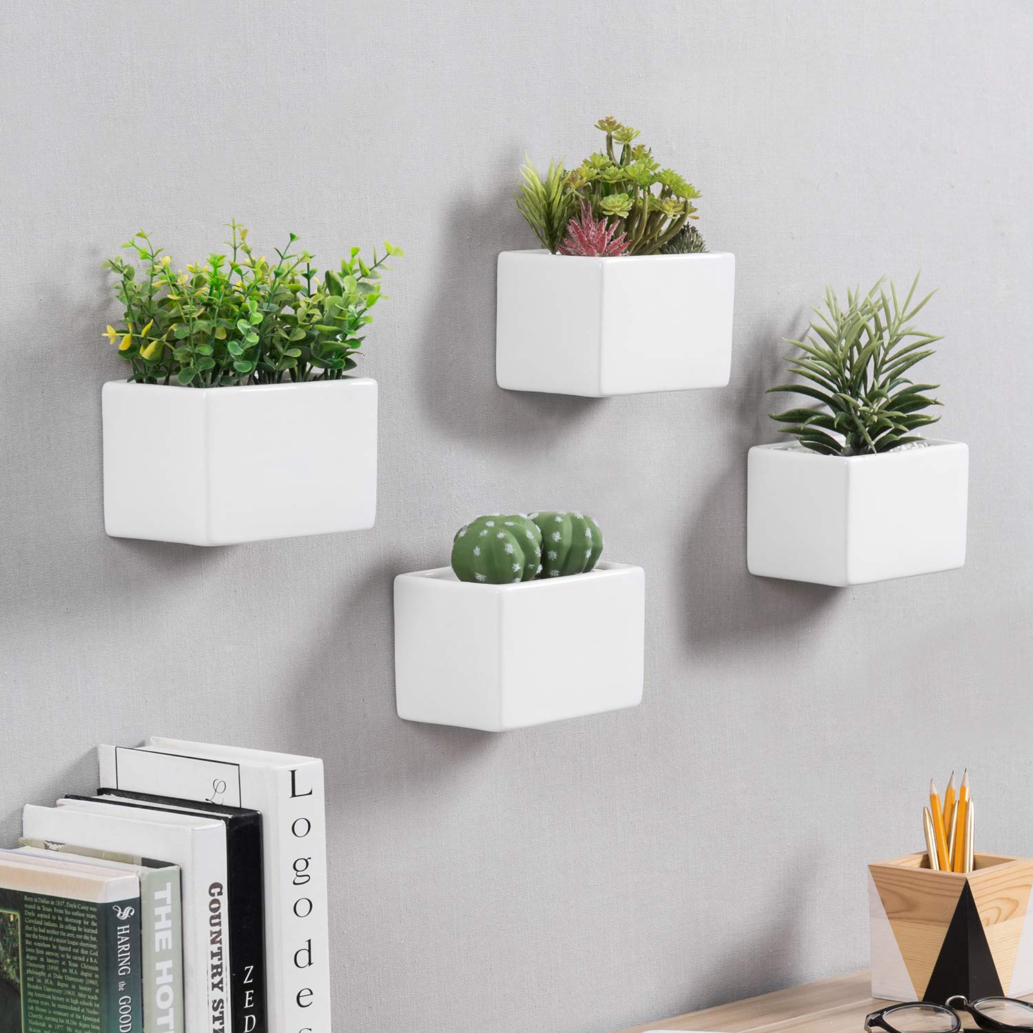 MyGift Nowoczesne białe ceramiczne doniczki wiszące, naścienna skrzynka na sukulenty i zioła, zestaw 4 szt