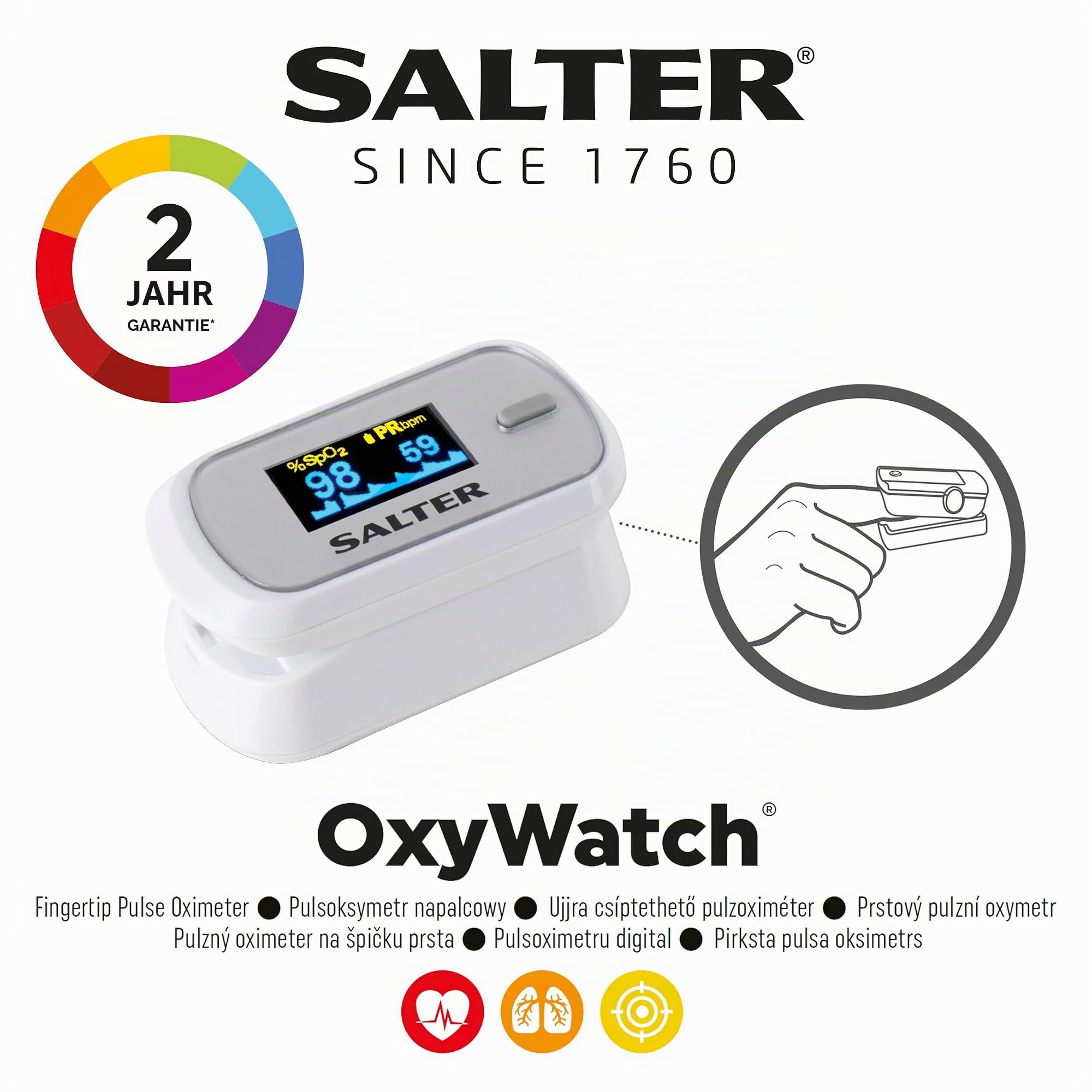 Salter PX-100-EU OxyWatch, fingeroximeter sauerstoff, Pulsoximeter, medizinischer oximeter, blutsauerstoffmessgerät finger, schnelles Messen, tragbar und benutzerfreundlich, 2 Jahre Garantie