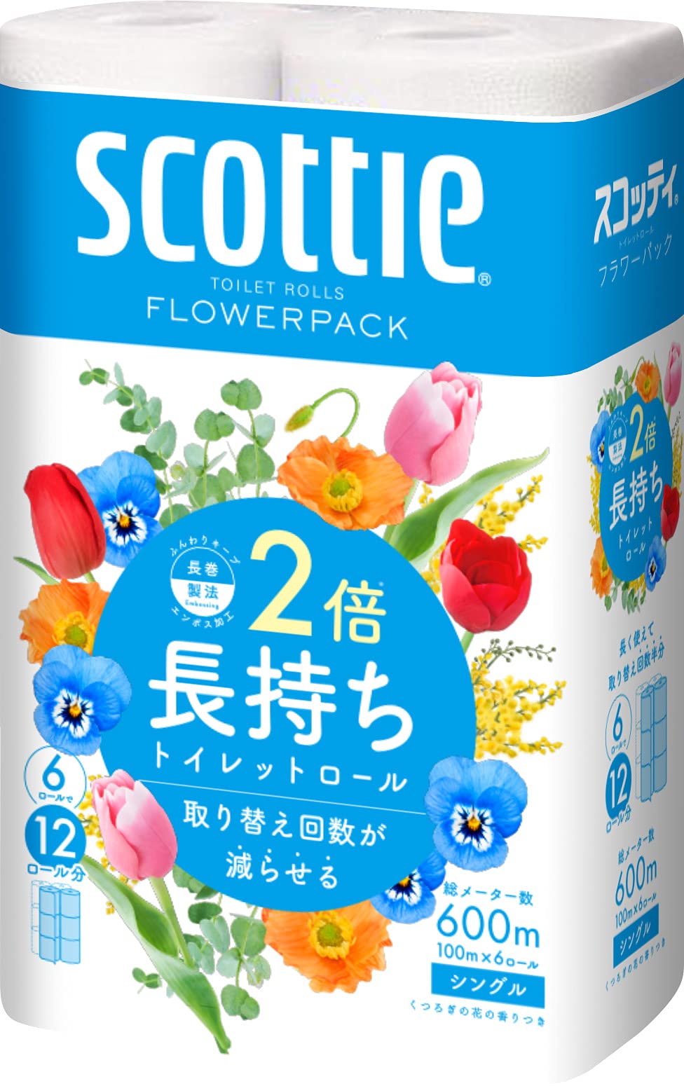 スコッティ フラワーパック 2倍巻き(6ロールで12ロール分) トイレット 100mシングル 画像 2