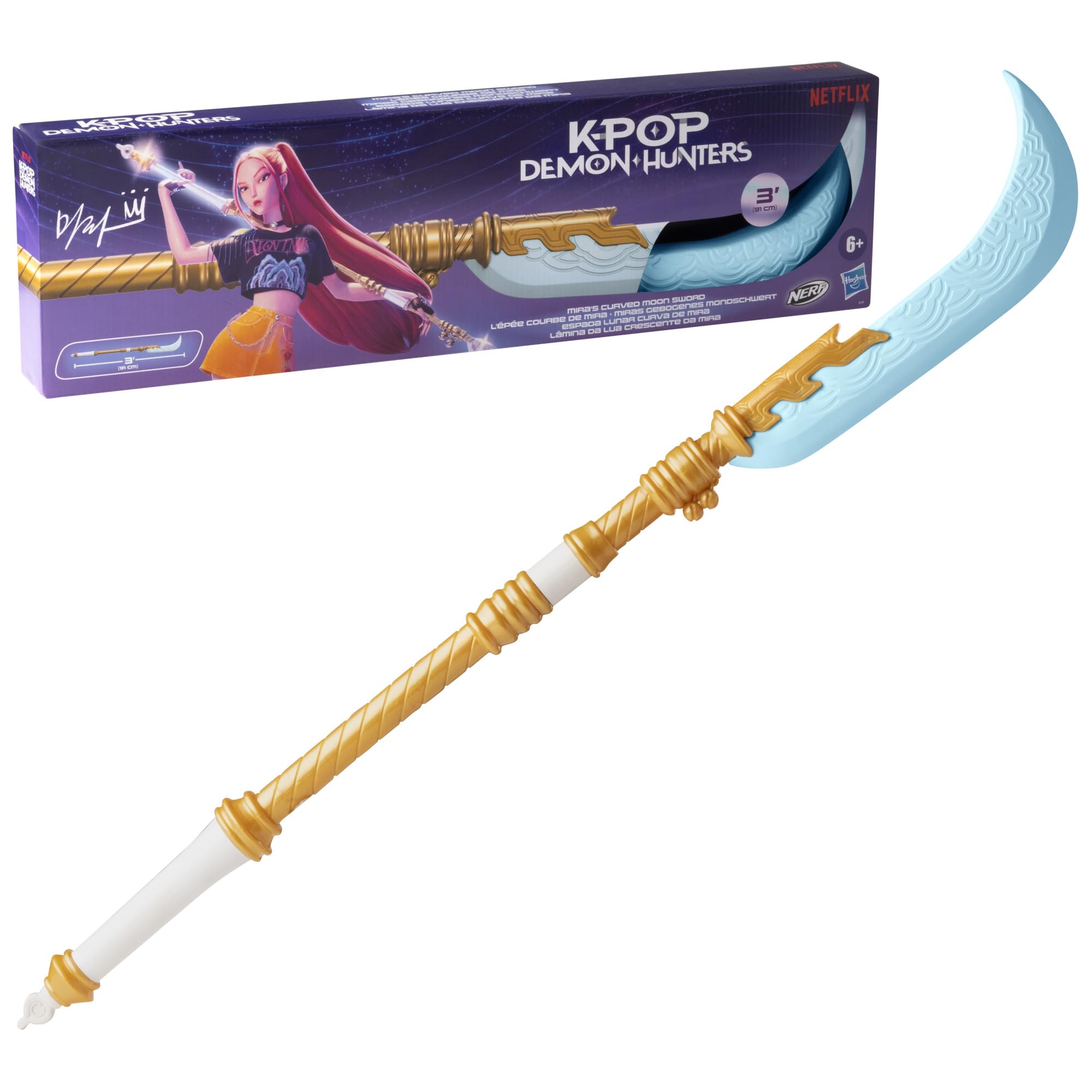 KPop Demon Hunters Nerf Mira's Curved Moon Sword, Foam Blade, 36 Inches, Kids Nerf Toy Sword Gifts, Ages 6+