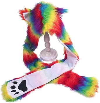 XISAOK Women Rainbow Stripes Furry Animal Hoodie Hat Fluffy Plush Ears Paws 3 in 1 Earflap Cap Scarf Gloves Mittens Warmer