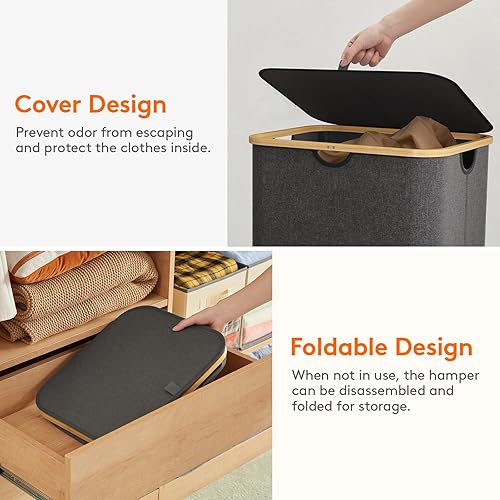 Miniatura 123 de Lifewit Cesta grande de 100 litros con tapa para ropa con asas de bambú y bolsa extraíble, plegable para dormitorio, baño, residencia universitaria