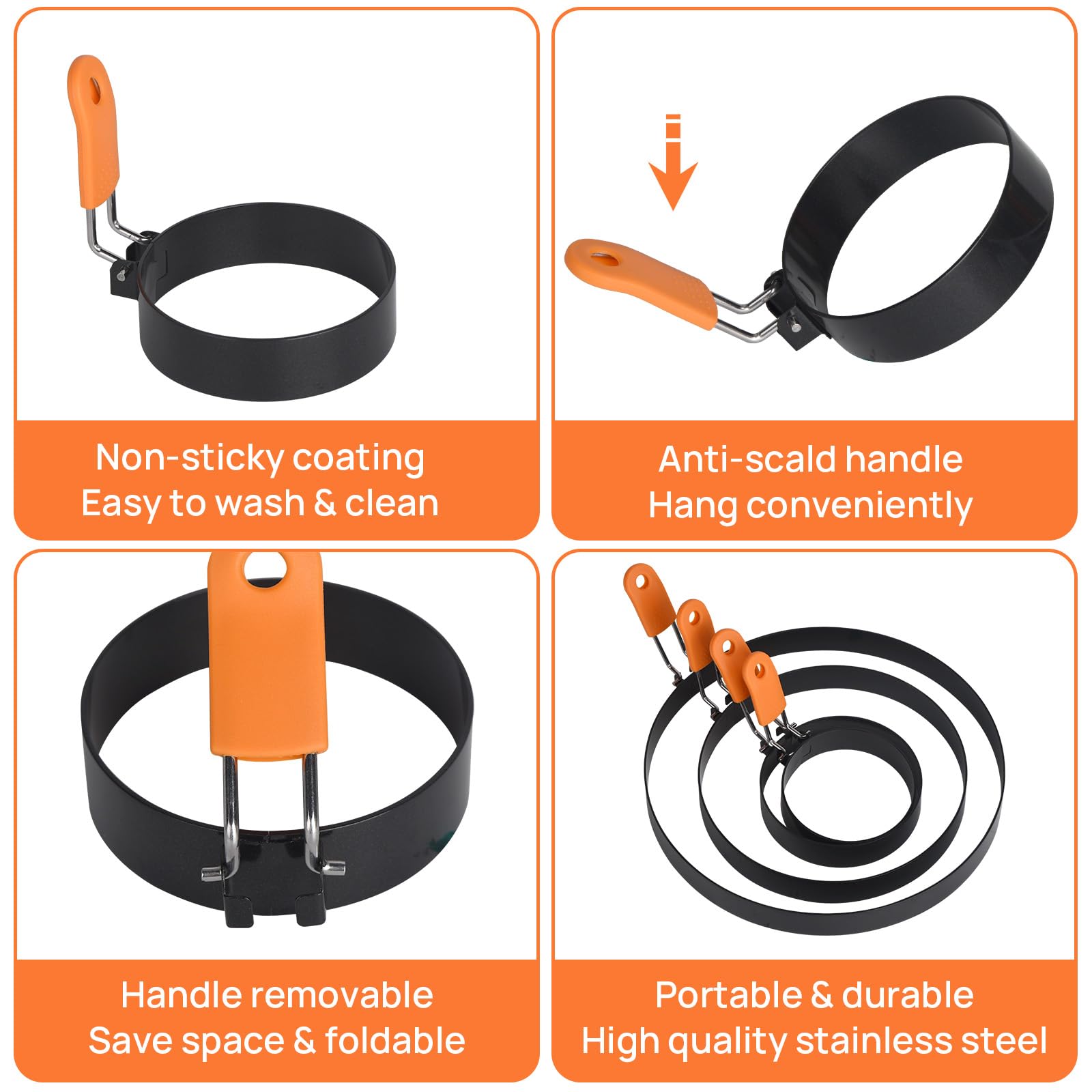 Anillos de huevo para freír huevos a la plancha mejorados, 4 paquetes, moldeadores de panqueques con mango de silicona naranja, moldes antiadherentes para cocinar sándwiches de tortilla de 3