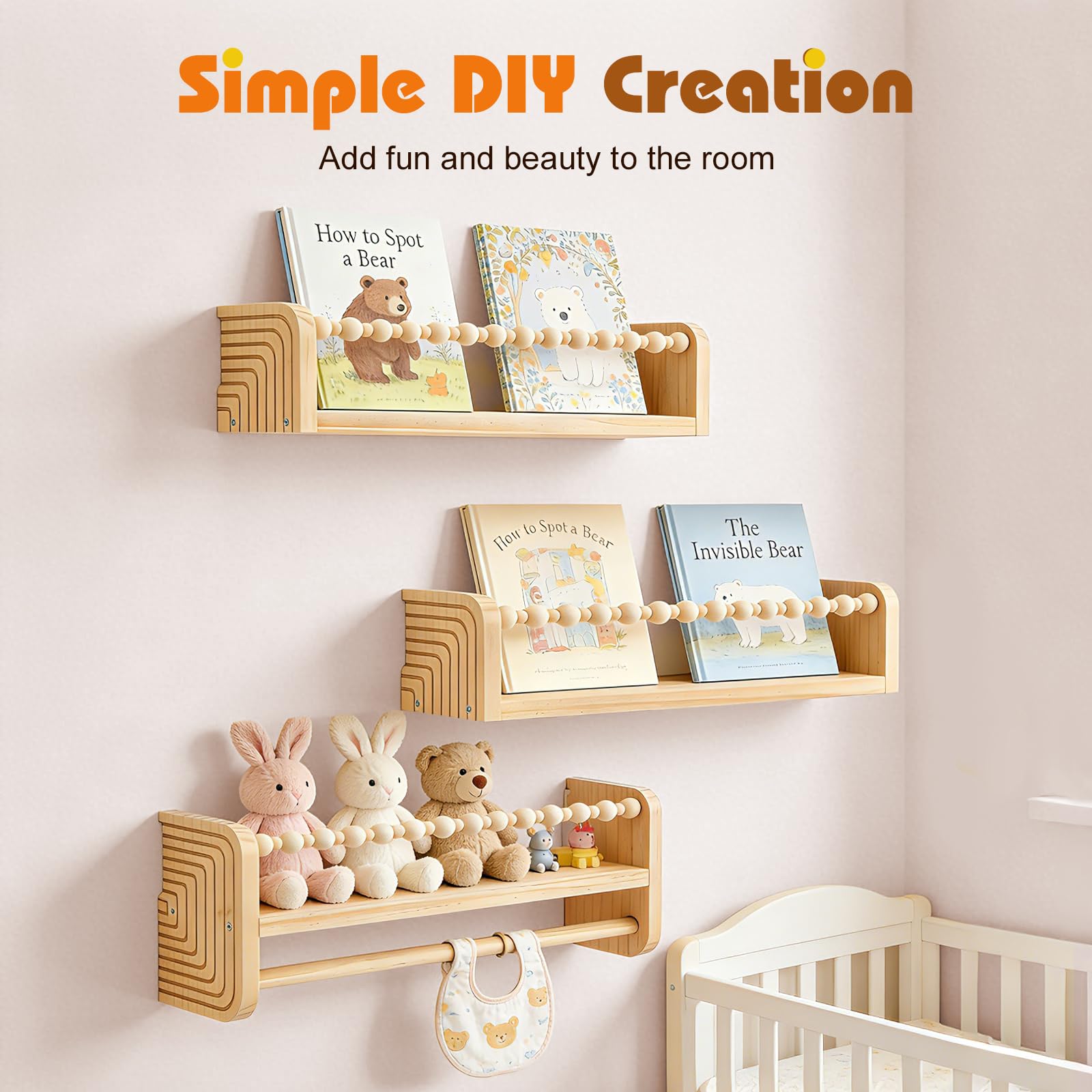 Étagères Murales en Bois Lot de 3, 40cm Bibliothèque Montessori Rangement Cadres Livre, Étagère Flottante pour Bureau Chambre Chambre et Cuisine