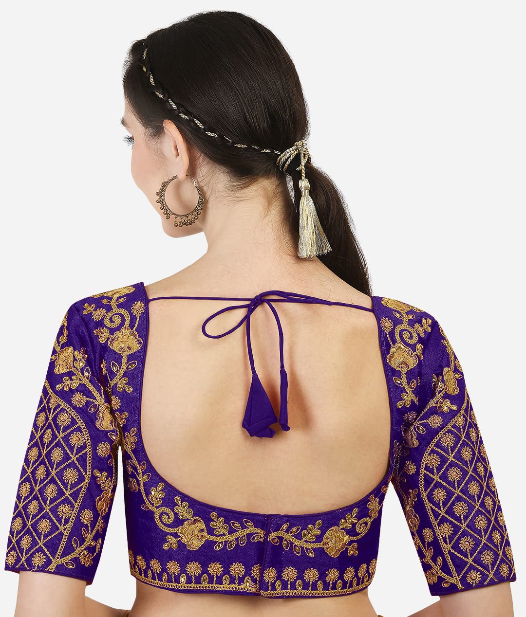 Pujia Mils Women's Silk Embroidered Half Sleeve Blouse (Floral_Purple_36)