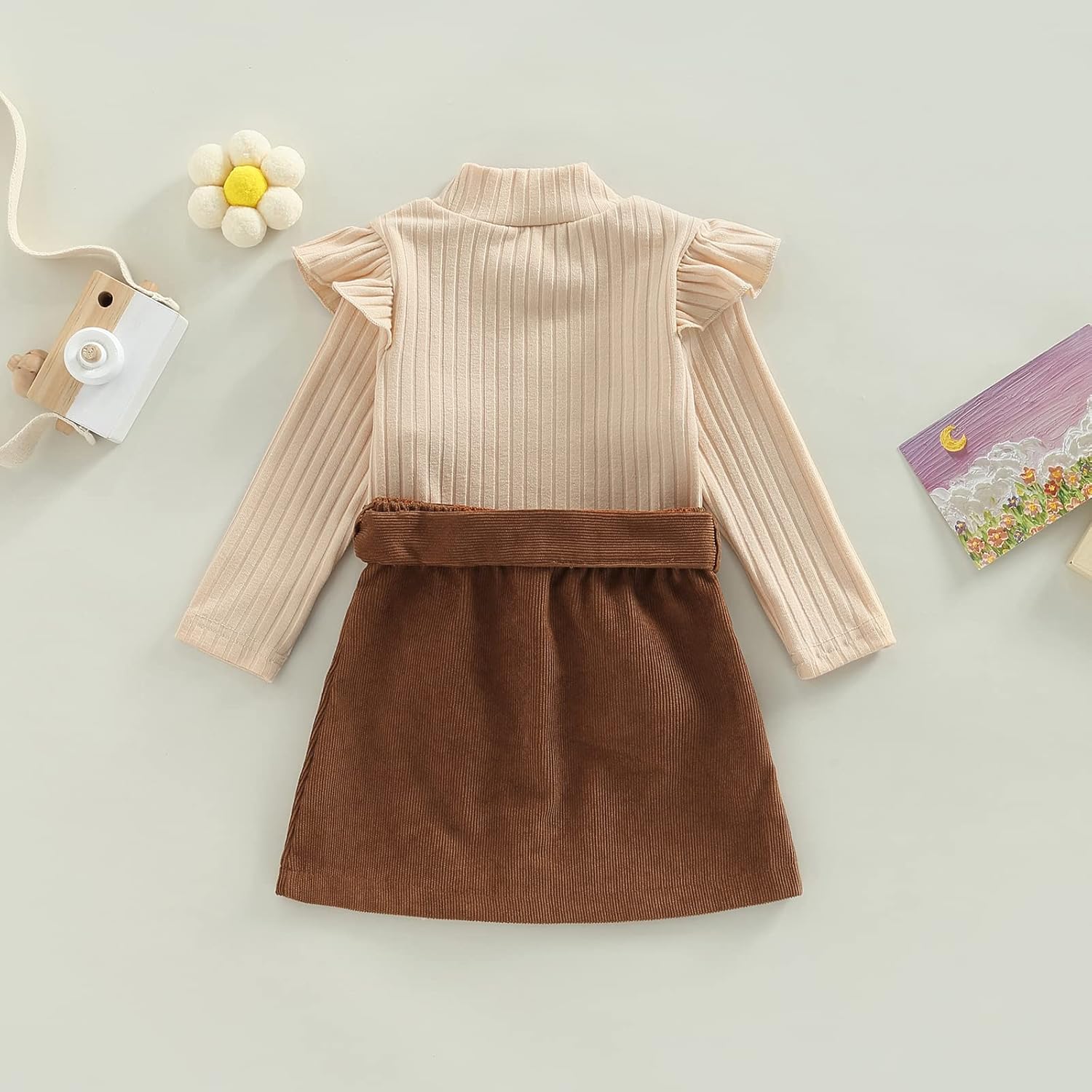 Fernvia Toddler Baby Girl Fall Winter Skirt Set Turtleneck Ribbed Long Sleeve T-Shirt Top & Plaid Skirts Dress 2Pcs Outfits - Image 3