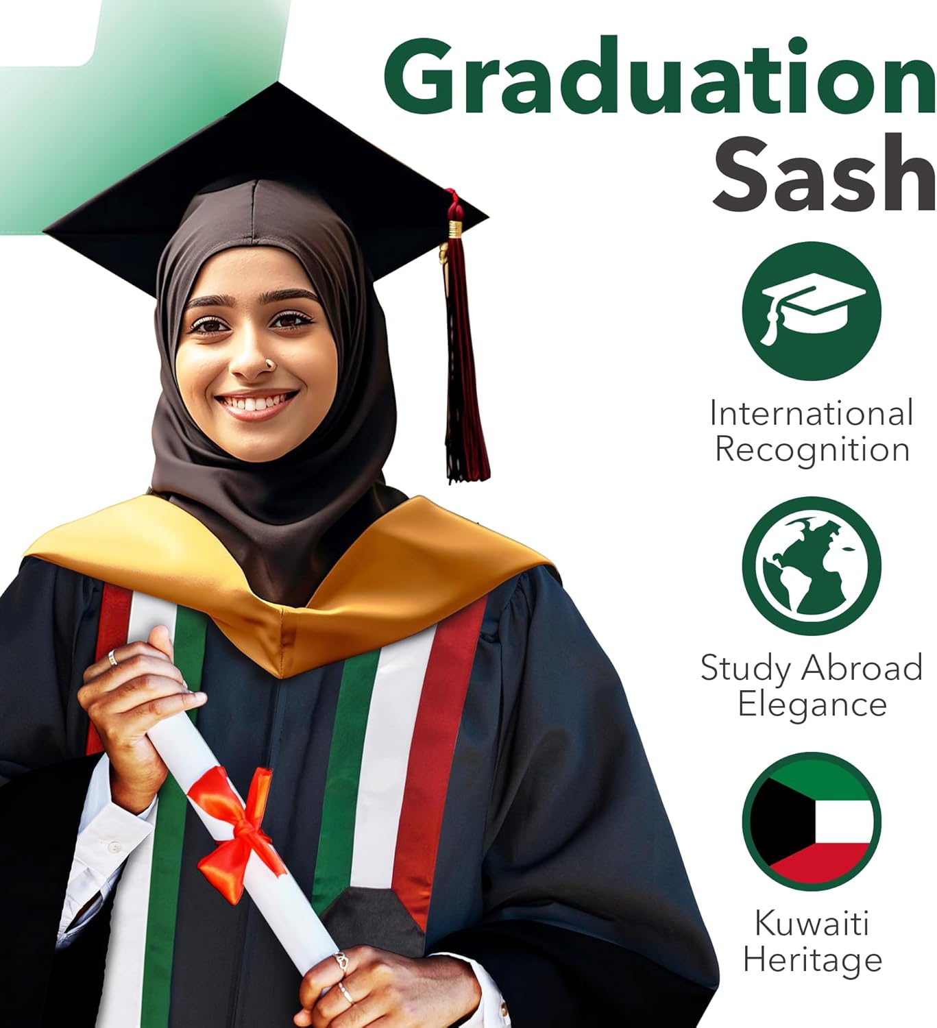 Vision Wear - Kuwait Flag Graduation Sash/Stole - Luxurious Cultural Symbol - Embrace Your Heritage - Pride & Honor Sash