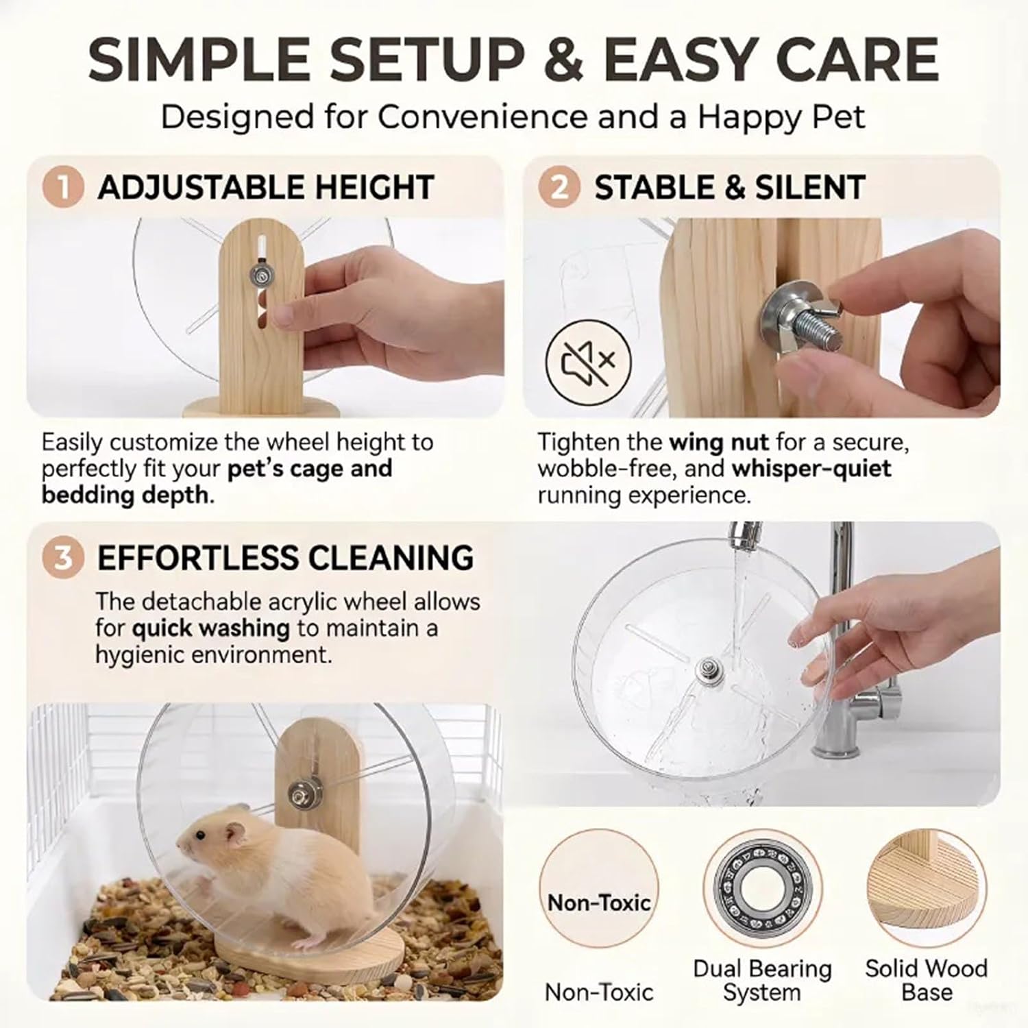 Quiet Rolling Exercise Wheel for Small Pet Hamster with Antislip Base Clear Acrylic Running Wheel for Pet Entertainment Wooden Base Hamster