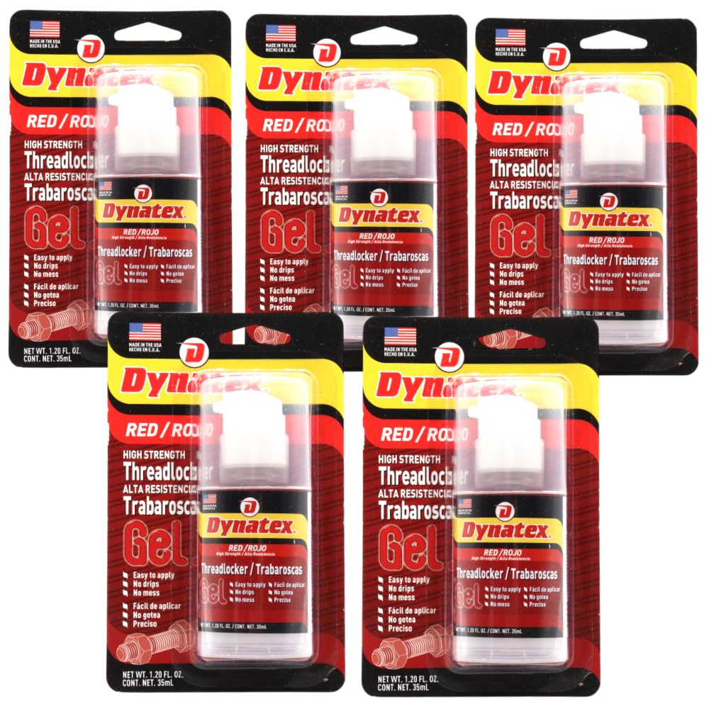 Dynatex Red High Strength Gel Threadlocker 1.20 oz Bottle - Permanent Lock, Anaerobic, Large Fasteners, Vibration & Solvent Resistant (5-Pack)