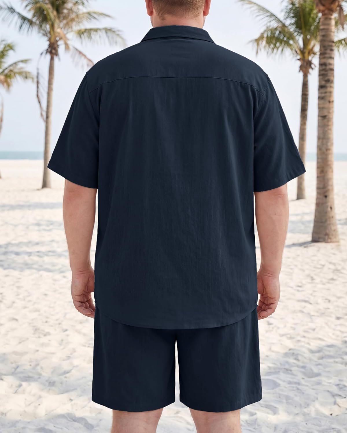 Big and Tall 2 Piece Faux Linen Sets Outfits Mens Short Sleeve Button Shirt and Beach Shorts Linen Suit
