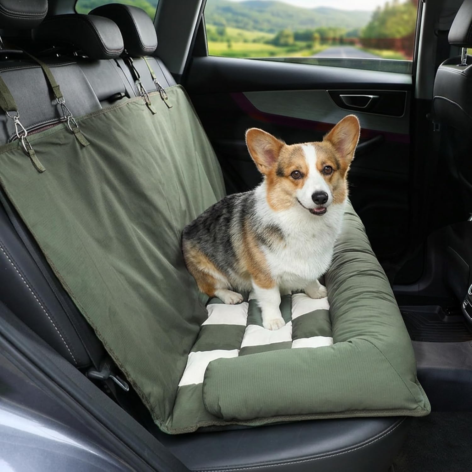 Soulbond Backseat Dog Bed for Car Hammock, Thick Soft Dog Car Seat Cover for Back Seat, Non-Slip Pet Travel Bed for Cars, SUVs & Trunks, Dark Green