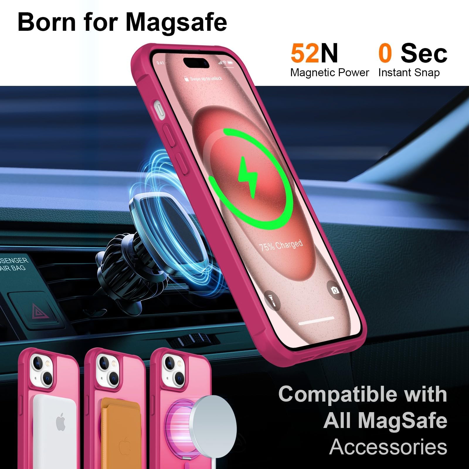 Custodia per iPhone 15 con supporto girevole a 360°, rosa